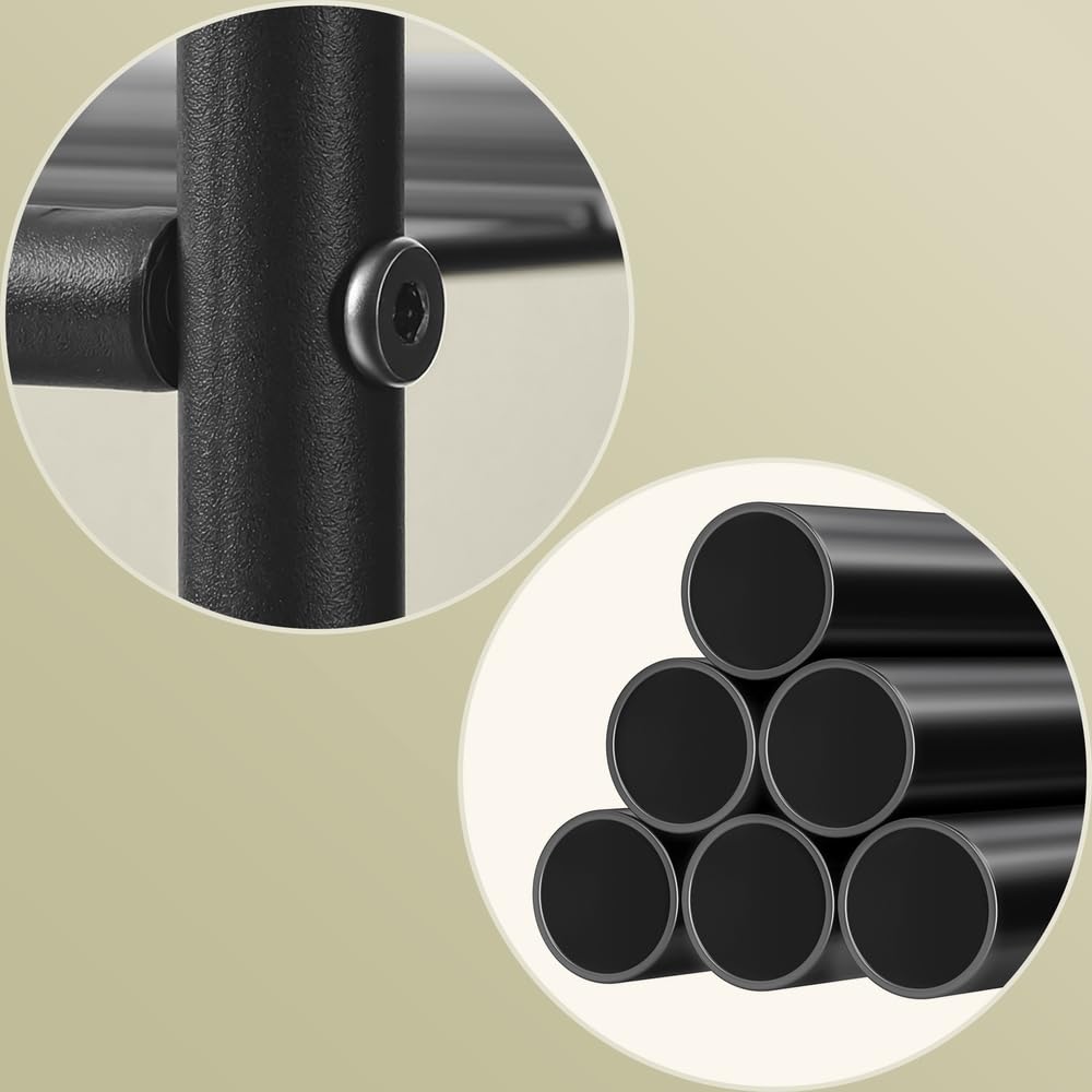 SONGMICS Wieszak na ubrania, otwarta szafa, wieszak na ubrania z 10 półkami, 3 drążkami na ubrania, 4 haczykami w kształcie litery S, metalowa rama, do sypialni, salonu, czarny LGR011BZ01