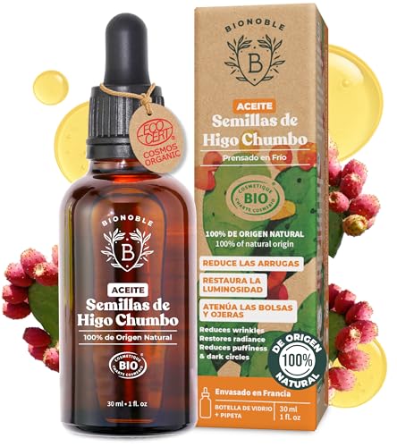 BIONOBLE Aceite de Semillas de Higo Chumbo Orgánico, 100% Puro, Prensado en Frío, Sin Hexano - Antiarrugas, Reduce Ojeras y Bolsas - Aceite de Higo Chumbo Rostro - Botella de Vidrio con Pipeta - 30ml