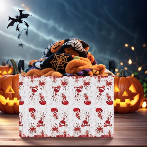 Image of Halloween Basket Gift Terror Ghost Parties Decor Kid Trick or Treat Basket for Boys and Girls Rectangular Storage Bin Box (Blood Fingerprint)