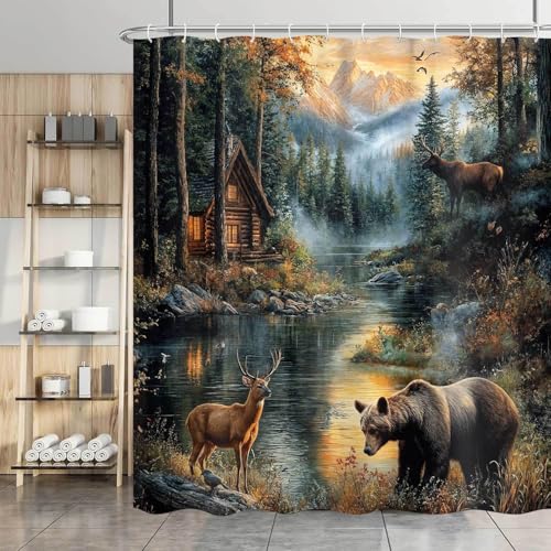 Dizifinn Rustic Shower Curain Country Cabin Woodland Bear Moose Deer Bathroom Accessories Farmhouse Hunting Camp Fabric Shower Curtains for Bathroom Decor with Hooks 72x72 Inch