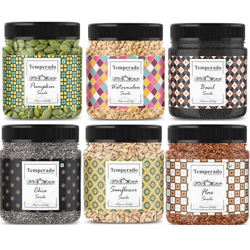 Image of TEMPERADO 6 Seeds Combo Pack Chia Flax Basil Pumpkin Sunflower Watermelon Seed Mix 250 g x 6 for Eating Healthy Raw Seeds Mix Super Seeds Combo Daily Nutrition Seeds Blend