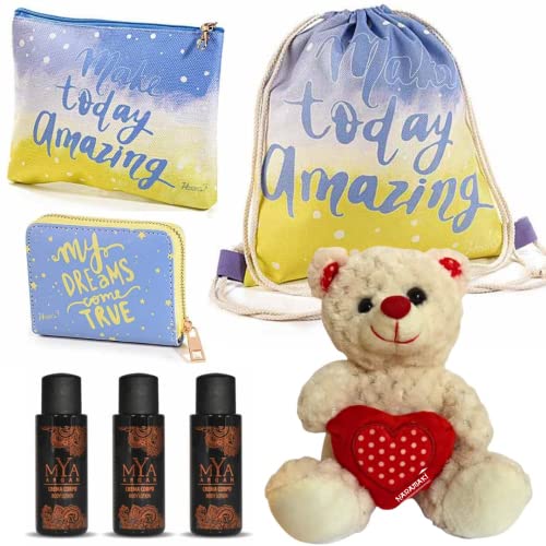 NARAMAKI Fête de la femme Peluche cadeau - Sac Casual Tissu + Portefeuille + Trousse + Trousse + Crème Corps Mya Argan 3 x 30 ml (Lilla - Jaune) Cover