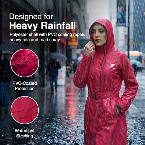 Image of Amazon Brand - Symactive Rain Coat for Women | Waterproof Polyester with PVC Coating | Hooded Long Coat with Belt | Seam Sealed | Reflective Branding | Pink & Black, L
