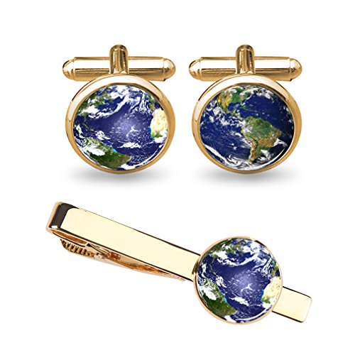 Image of World Map Cufflinks Wedding Vintage Personalised Gifts Father Grandfather Dad Tie Clip Blue ZUNON