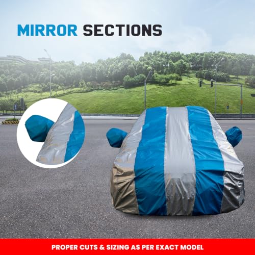 Image of i10 Waterproof Car Cover with Mirror Pockets, Silver /Blue Stripes Design, Non Woven Fabric,Triple Stitched, Compatible with Hyundai i10 Car Cover (2007 to 2017), i10 Car Accessories