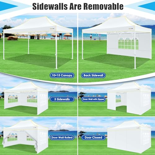 Image of HOTEEL Canopy Tent 10x15 Heavy Duty Pop Up Canopy with Sidewalls, Party Tent with Roller Bag for Event Wedding, Upgraded Commercial Waterproof Instant Canopy, Thick Hexagonal Legs, UPF50+, White