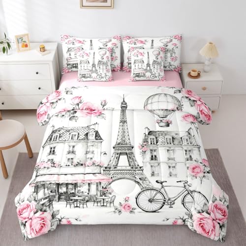 Image of Eiffel Tower King Size 7 Pcs Bedding Sets with Sheets,Comforter,Pillowcases,Pillow Covers French Building Decor Romantic Style Comforter Set Pink Rose Hot Air Balloon Bedroom Dorm Bed Set
