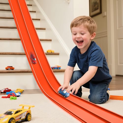 Image of Flexible Race Track for Kids, Flexible Car Track 15Ft Race Track Compatible with Diecast 1 /64th Cars, Roll Up Car Ramp Toy with Strong Suction Cups