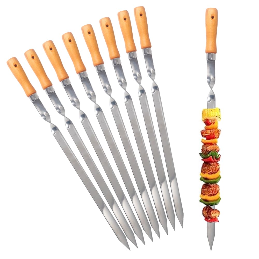 ZMC 25 spiedini per kebab da 55 cm, in acciaio inox, larghezza 2 cm, spessore 2 mm, con manico in legno, antiruggine, per carne, verdure, pesce, stabili e riutilizzabili per barbecue e barbecue