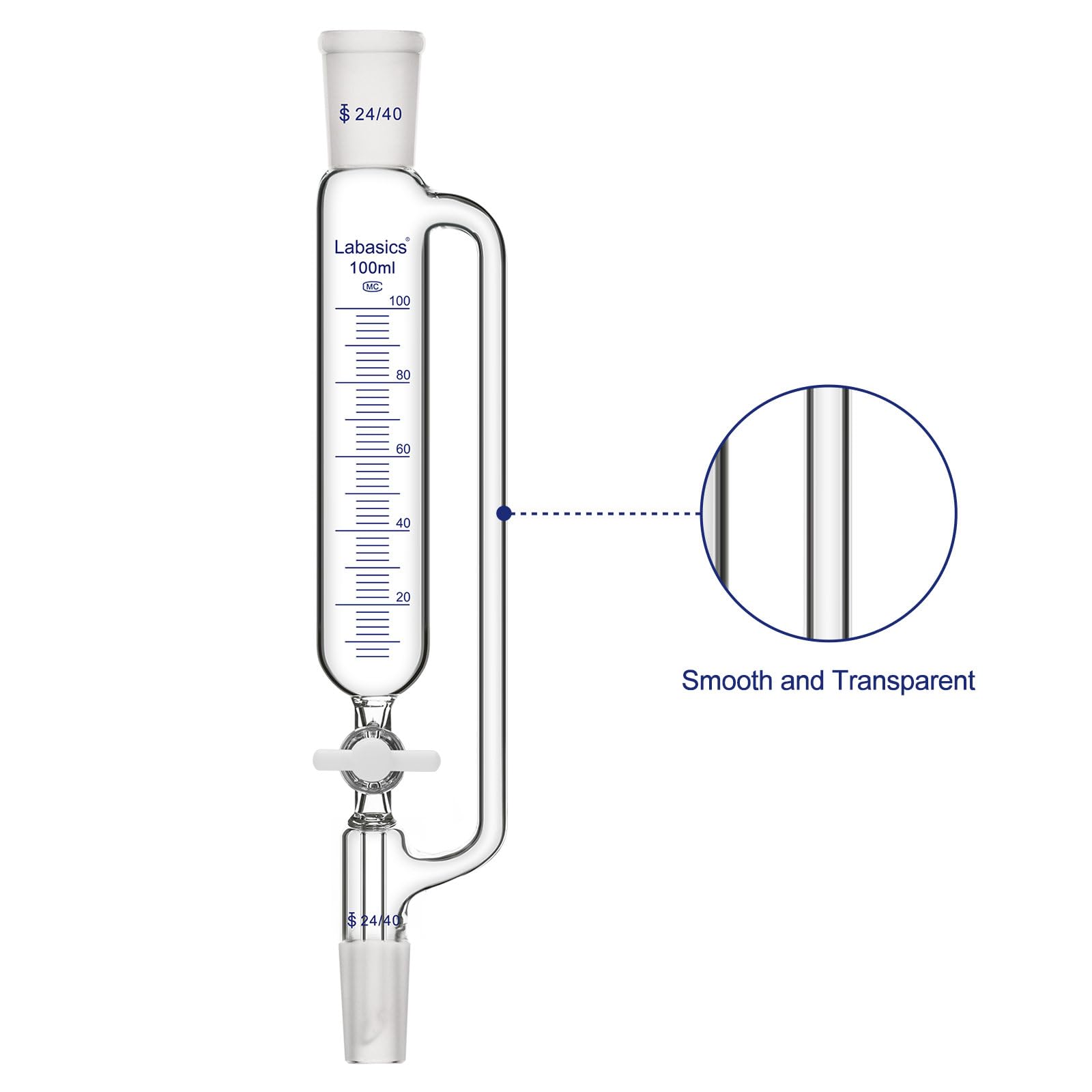 Labasics Graduierter Druckausgleichs-Additionstrichter mit PTFE-Hahn, Borosilikatglas Tropftrichter für Labor Titrationsreaktionen, 24/40 Schliff, 100 ml
