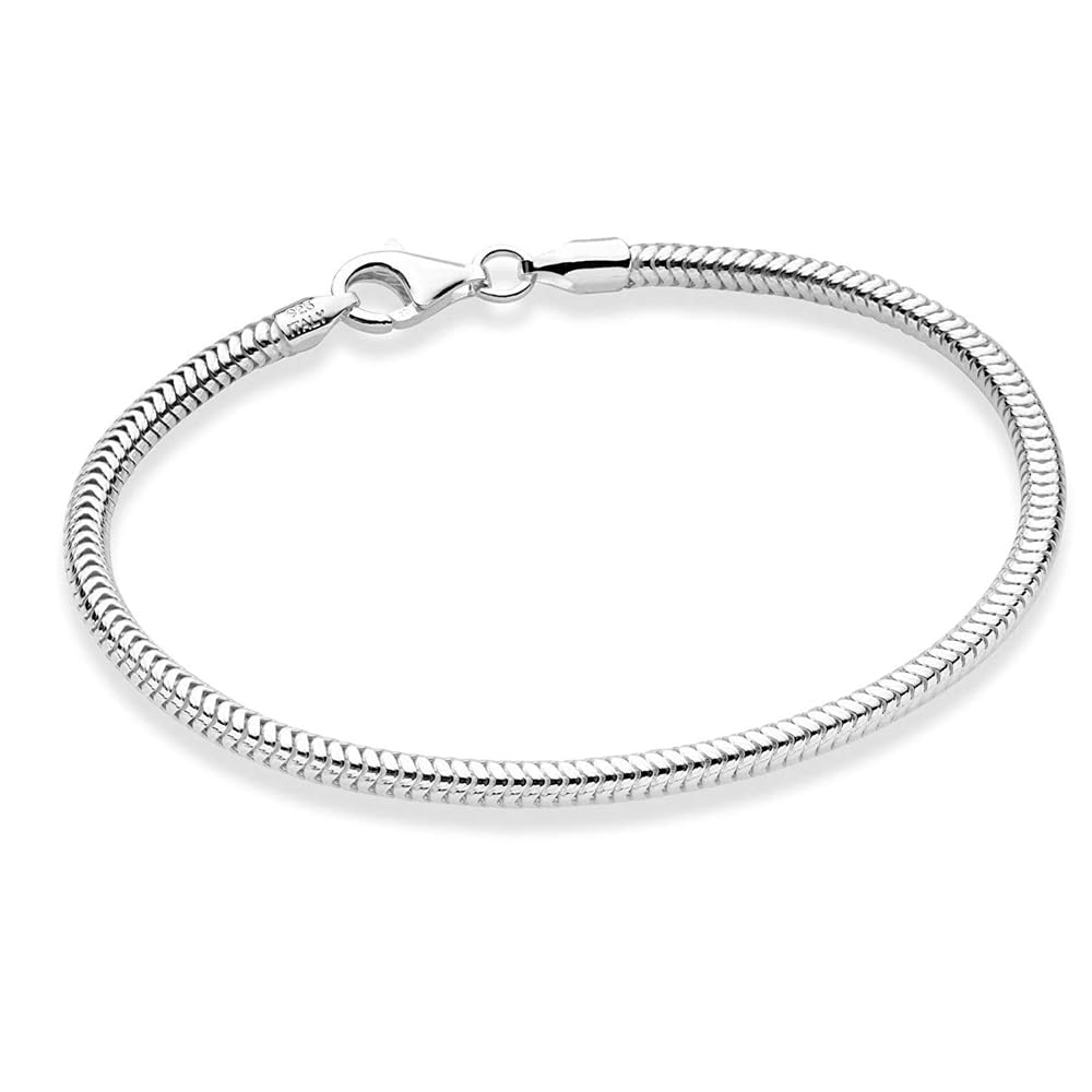 Treasure Bay Pulsera italiana de plata de ley 925 para mujer y hombre, 3,3 mm de grosor, pulsera de cadena de serpiente para hombres y mujeres