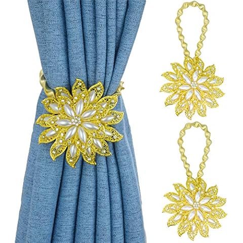 2PCS Magnetic Curtain Tiebacks Decorative Crystal Flower Shape Window Curtain Holdback Buckles Tie Backs Holders with Stretchable Wire Rope for Home and Office,Golden+Pearl Cover