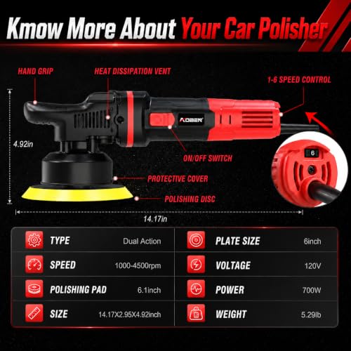 Image of AOBEN Car Buffer Polisher,6 inch Dual Action Polisher,Random Buffer Polisher kit with 6 Variable Speed 1000-4500rpm,Detachable Handle,4 Buffing Pads for Car Detailing Polishing and Waxing