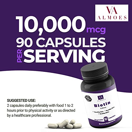 Almoes Biotin Vitamin B Highest Potency 10,000 Mcg For Healthy Hair, Skin And Nails, Dietary Supplements Helps Support Energy Metabolism, Vegan, Vegetarian Hair Growth Supplement (90 Capsules) #TOP3