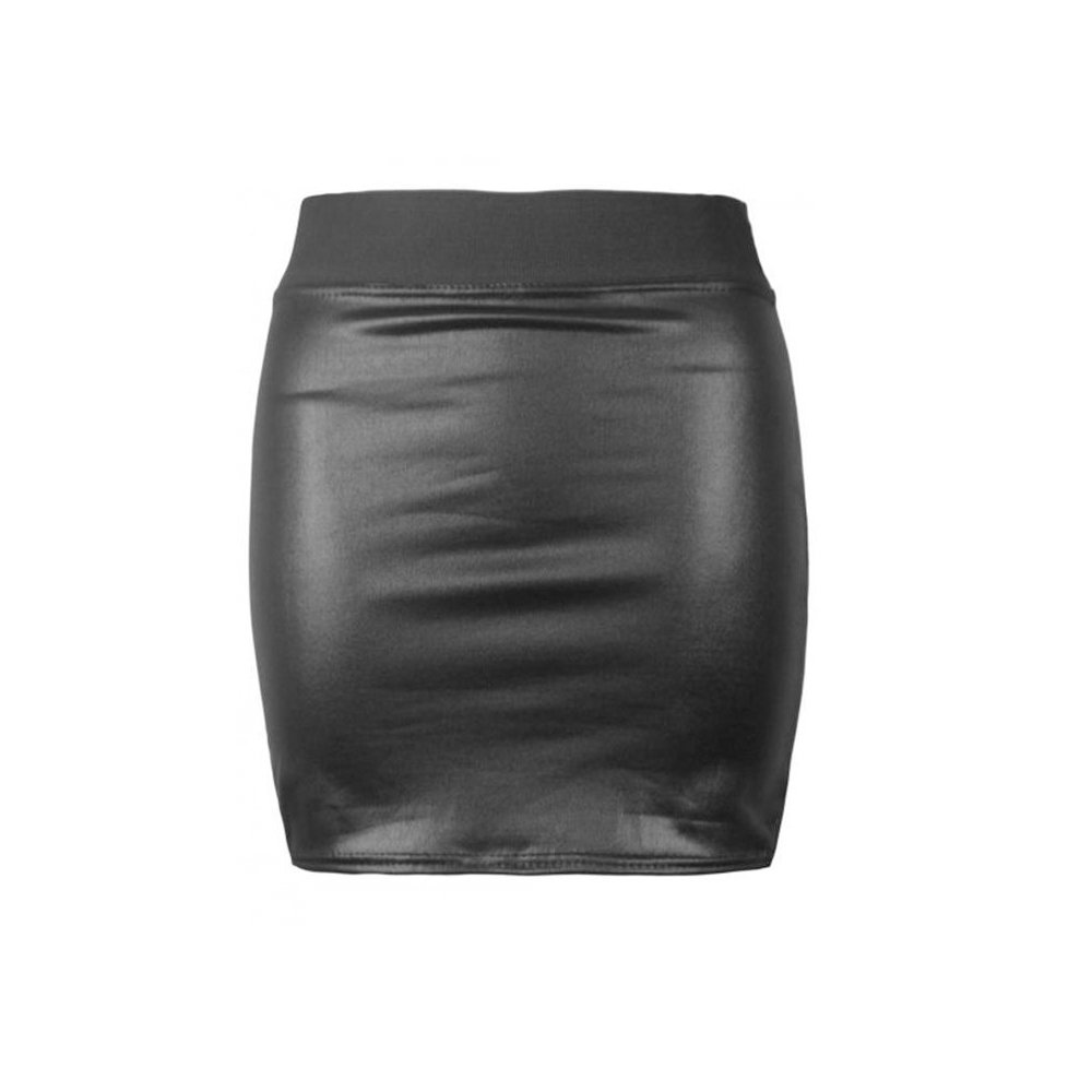 Ladies High Waist Wet Look Mini Panel PVC Casual Party Elastic Band Bodycon Fit Soft Stretch Fabric Skirt (XXL, Black)