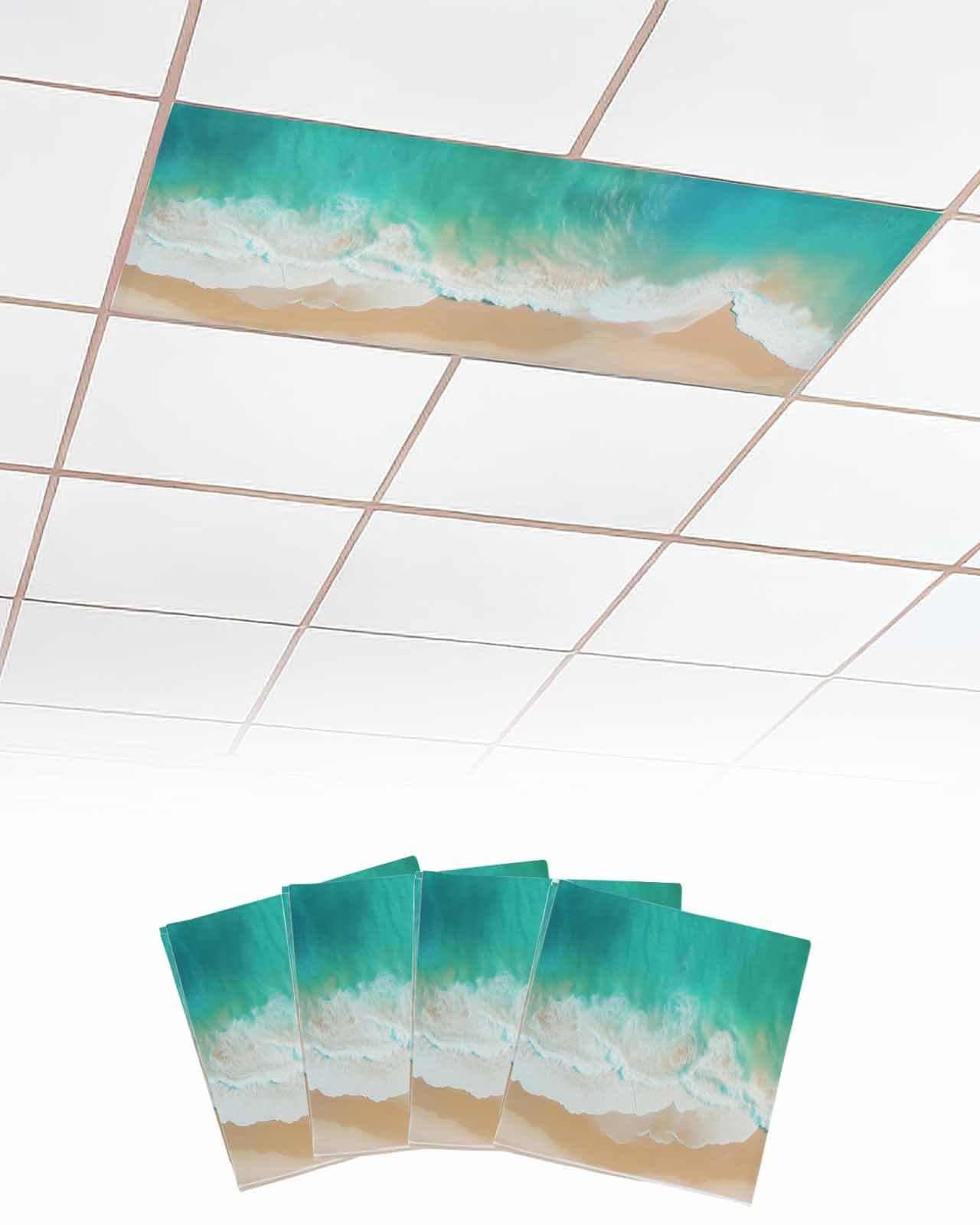 EwdeWwo Ocean Sea 4 Pcs Fluorescent Light Covers for Ceiling Lights, Summer Beach Sand Waves Magnetic Light Filters for Eliminate Harsh Glare Classroom Office Decoration, 4 x 2 Ft