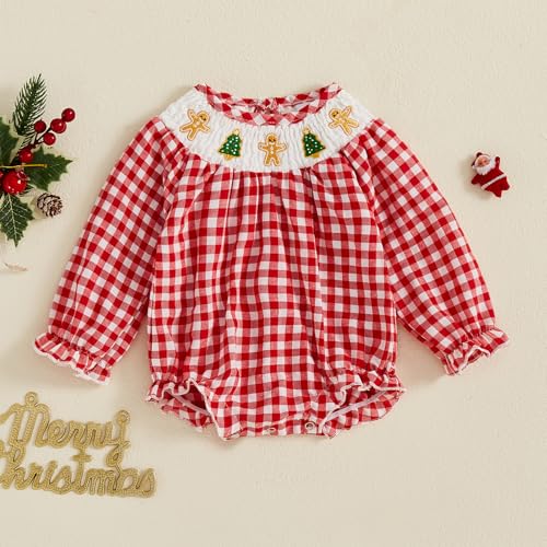 Baby Girl Christmas Outfit Smocked Bubble Romper Santa Puff Long Sleeve Plaid Bodysuit Fall Xmas Clothes3