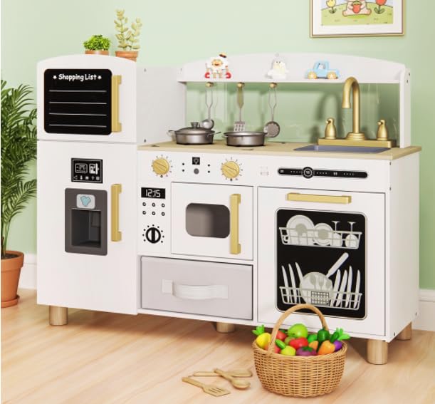 INFANS Play Kitchen for Kids, Wooden Pretend Playset with Acrylic Drawing Board Ice Maker Dishwasher Fabric Drawer, Toddler Cooking Toy Gift for Boys Girls (Ivory)