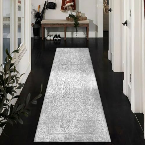 vivorug Runner Rug 2'x8' Vintage Washable Non-Slip Runners for Hallways Kitchen Entryway Laundry Room Carpet Hallway Runner Ivory/Silver