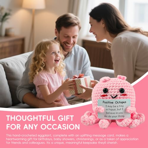 Image of Zibuyu Handmade Crochet Octopus Toys Desk Decor with Positive Message Card Cute Motivational Crochet Toys Gift for Office Home Baby Nursery, Pink