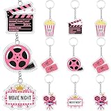 Serencatcher 12 Pcs Pink Movie Night Keychains, Movie Night Party Favors Accessories Clapboard Microphone Ticket Popcorn Projector Acrylic Keychains for Women Film Movie Birthday Party Supplies