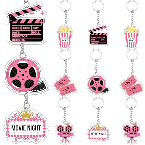 Serencatcher 12 Pcs Pink Movie Night Keychains, Movie Night Party Favors Accessories Clapboard Microphone Ticket Popcorn Projector Acrylic Keychains for Women Film Movie Birthday Party Supplies