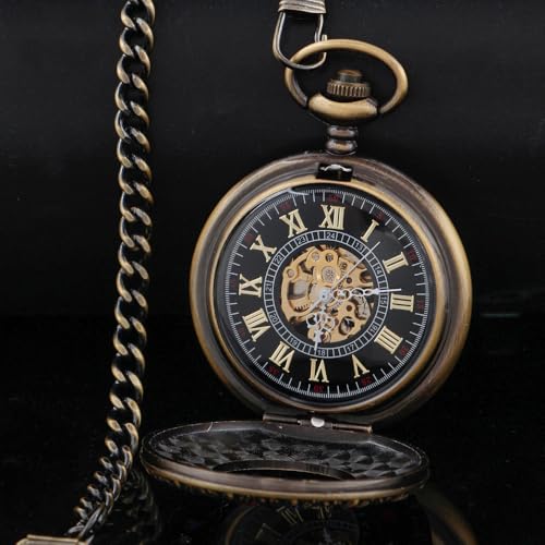 Image of Half Hunter Hand Wind Up Mechanical Pocket Watch Vintage Roman Numerals Skeleton Watches with Chain&Box