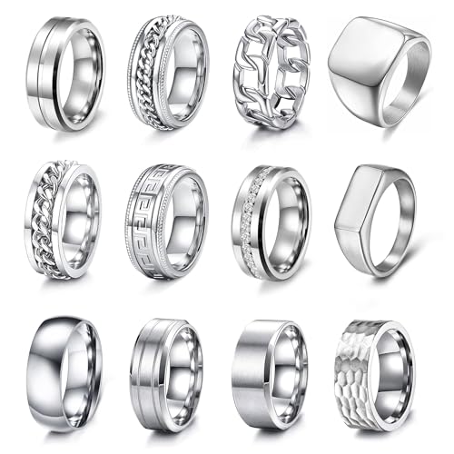 EIELO 12pcs Stainless Steel Band Rings - Silver, Modern, Wedding & Everyday Occasion - No Gemstones, Unisex, Size 7-14