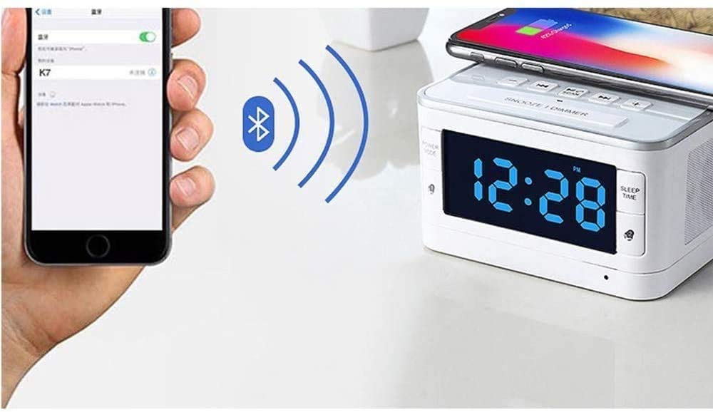 Sveglia Digitale con Ricarica Wireless, Grande GUIDATO Display, Altoparlante Bluetooth, Supporto Audio 2.1 Canale 5WX2 FM. Speaker Bluetooth 4.2 Radio Bluetooth TF/USB/AUX/LCD Sveglia elett