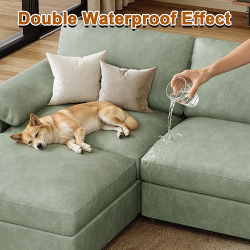 Image of EASE MOOSE Leather Sectional Couch, Oversized Modular Sectional Sofa, Classic Wide Deep Seat Modular Couch, Scratch Resistant Faux Leather Material, L Shaped Sofas for Living Room, Green