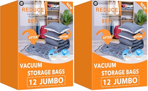 Image of Vacuum Storage Bags Jumbo (12 x Jumbo),Plastic Packaging Bags,Space Saver Sealer Compression Bags for Blankets, Comforters, Pillows, Bedding,Clothes Storage (Pack of 2)