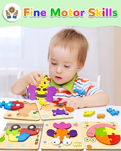 Image of Wooden Toddler Puzzles Gifts Montessori Toys for 1 2 3 Years Old Boys Girls | 12 Vehicle Shape Puzzles, Boy Birthday Gift, Montessori Toys Educational Blocks for Toddlers 1-3, 2-4, Baby Learning Toys