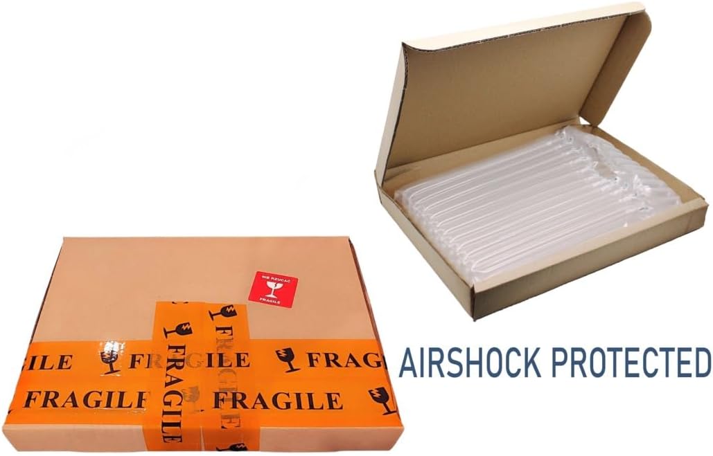 Product packaging showing a cardboard box with fragile tape and airshock protection inside