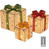 WOLADY Cajas de Regalo Iluminadas de Navidad - Paquete de 3 Decoraciones Con Control Remoto para Interiores y Exteriores