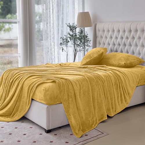 Elegant Comfort Luxuriously Soft 4-Piece Velvet Plush Flannel Sheet Set - Premium Quality - Cozy Warm, Anti-Static, Non Pilling Fuzzy Velvet Flannel Fleece Deep Pocket Sheet Set - Full, Gold