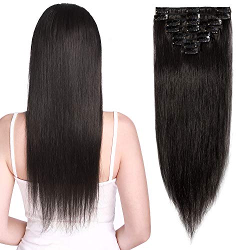 S-noilite Clip in Hair Extension 100% Real Human Hair 10inch 50g 8pcs 18 Clips Full Head Clip on Remy Hair Extensions Silky Straight Clip in Human Hair #1B Natural Black