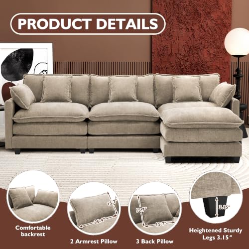 Image of Ihanherry 111.4 inch L Shaped Modern Sofa Modular Sectional Luxurious and Comfortable with Ottoman, 4-Seat Chenille Deep Seat Sofa with Pillow for Living Room, Bedroom and Apartment, Sand