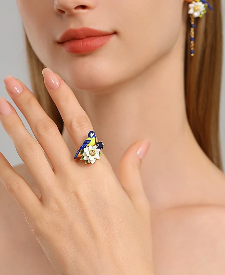 Bird And Flower Enamel Adjustable Ring Handmade Jewelry Gift Juicy Grape4