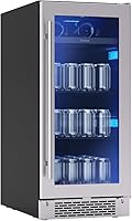 Zephyr Brisas 15-Inch Slim Under Counter Beverage Fridge - Single Zone Wine & Drink Cooler, 4 Bottles/64 Cans, Freestanding Glass Door