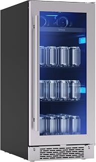Zephyr Brisas 15-Inch Slim Under Counter Beverage Fridge - Single Zone Wine & Drink Cooler, 4 Bottles/64 Cans, Freestanding Glass Door