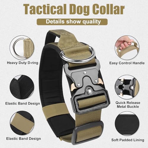 AKOFIC Taktisches Hundehalsband mit Griff, Breites Halsband Hund Gepolstert aus Nylon, Verstellbar Robuster Dog Collar mit Metallschnalle für Mittlere Große Hunde (Dunkelkhaki, M)