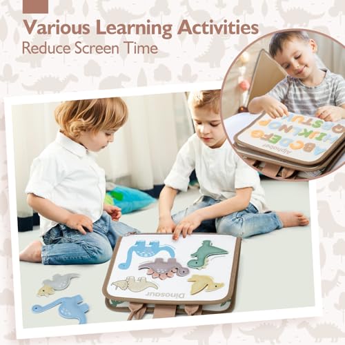 Image of hahaland Montessori Busy Board for Toddlers Boy Toys Birthday Gift - Travel Toys - Dinosaur, Alphabet, Number, Shape, Drawing, Life Skills