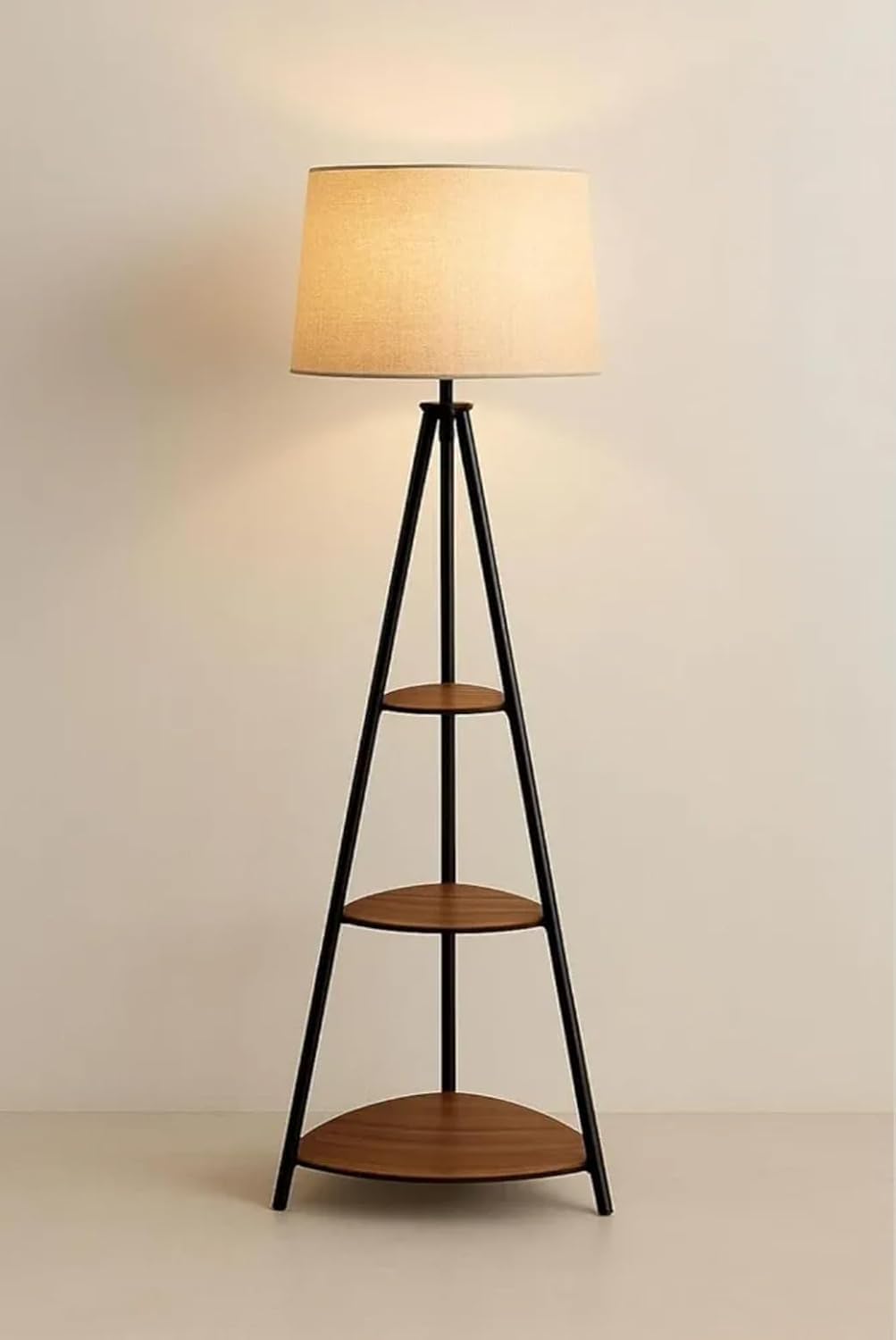 Tripod Floor Lamp with 3-Tier Wooden Shelves, Linen Shade | Metal Frame, Living Room Decor, Storage Shelves, Mid-Century Style, Warm Ambient Light-image-38