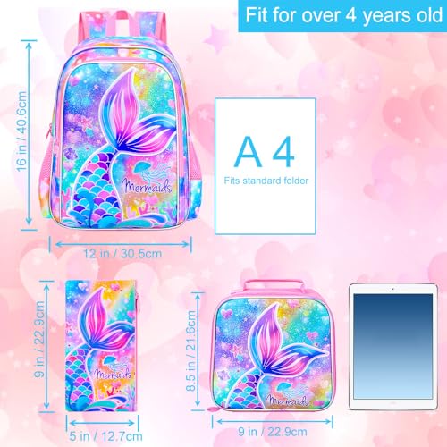 Image of CCJPX 3Pcs Mermaid Backpack for Girls, 16 inch Kids Fishtail Bookbag with Lunch Box, Cute Water Resistant Schoolbag for Preschool Kindergarten Toddler(Rainbow)