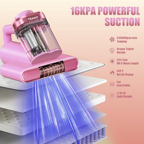 Image of Teant Mattress Bed Vacuum Cleaner, 16 kPa Suction & 253.7nm UV-C, MV-Pink | 2-Speed Mattress Vacuum with 33000 RPM Tapping, UV-C, Ultrasonic, 149℉ Heat, Anion, HEPA, Deep Clean for Bed and Pet Hair