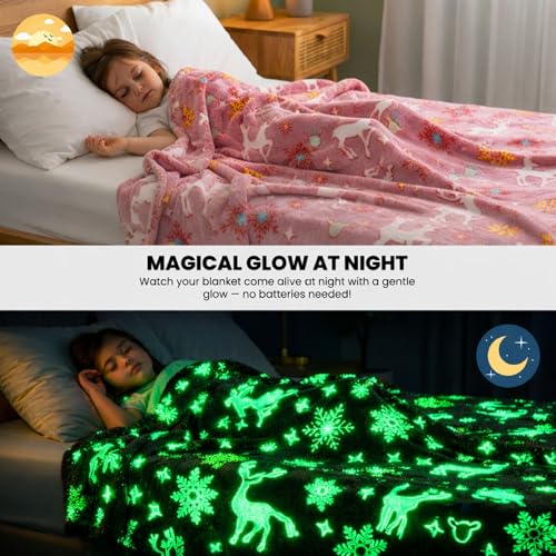 Image of Frosted Peach Glow-in-the-Dark Reindeer Blanket for Kids | Super Soft Pink Fleece, Snowflake Glow Design, 150x200 cm, Unisex Bedding Gift