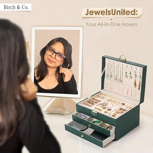Image of Birch & Co. Jewellery Box - 3 LayerJewellery organizer storage box, Portable Travel-Friendly Storage. Elegant Storage Case for Rings, Earrings, Necklaces & Bracelets, Green