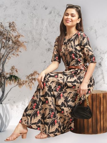 Preneum Women's Georgette Fit And Flare Standard Length Dress (Gown-116_Brown_2Xl)