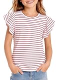Ecolala Girls Striped Shirt Flutter Sleeve Top Crewneck Cute Summer T Shirts Casual Tees Red Stripe 9-10Y