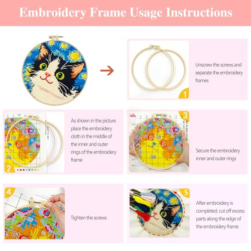 Image of Zhenqing Night Sky Cats Cross Stitch Kit - 3-Piece Set with Pre-Printed 11CT 24x24cm Fabric, Hoop & Tools, Starry Night Theme for Beginners (70413)